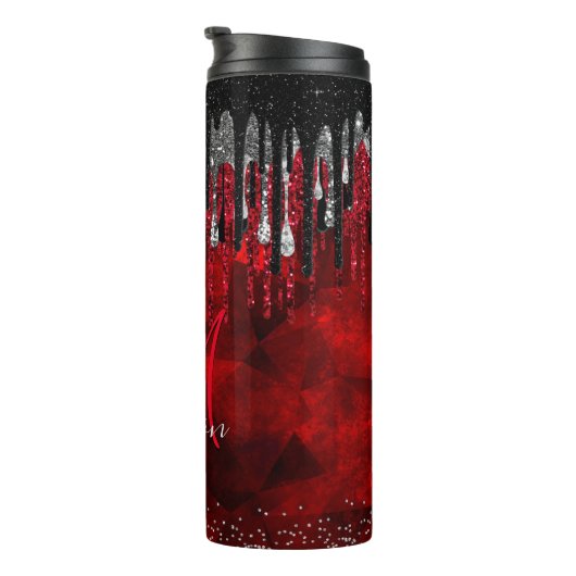 Zwart zwart zilverglitter druppelt monogram thermosbeker (Geroteerd rechts)