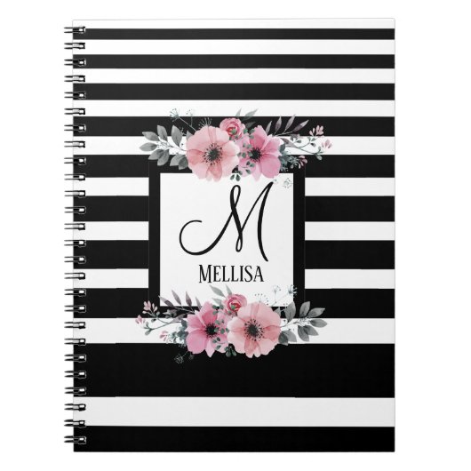 Zwart zwarte strepen florale monogram naam notitieboek (Voorkant)
