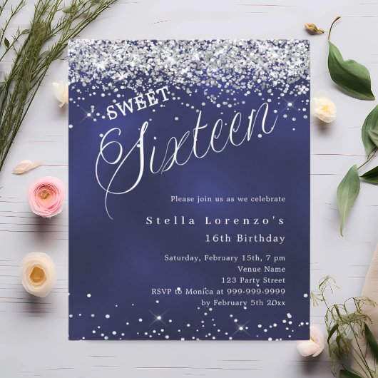 Zwartblauwe zilveren script Sweet 16 uitnodiging