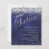 Zwartblauwe zilveren script Sweet 16 uitnodiging (Voorkant)