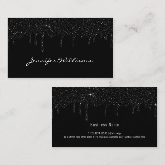 Zwartdruppelglitter minimalistisch modern elegant visitekaartje (Voorkant / Achterkant)