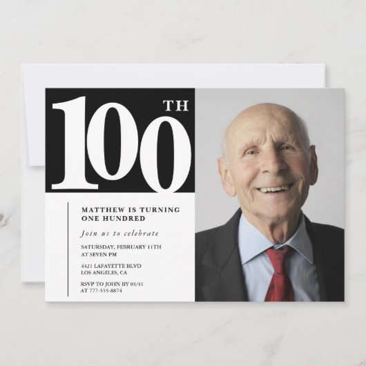 Zwarte 100e verjaardag uitnodigingen Modern Chic F (Voorkant)