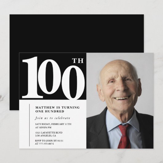 Zwarte 100e verjaardag uitnodigingen Modern Chic F (Voorkant / Achterkant)
