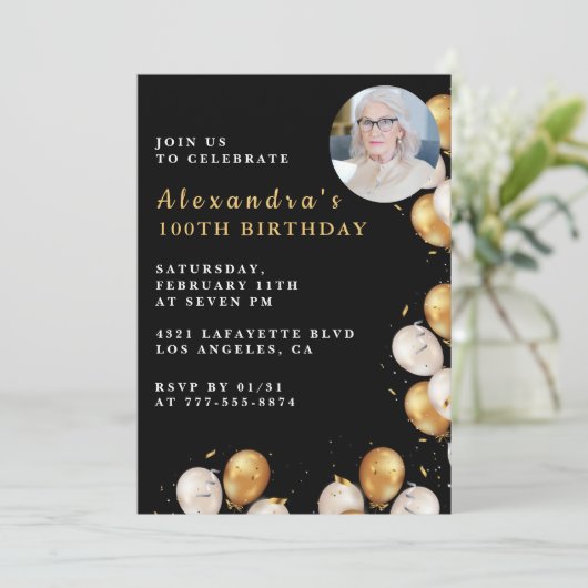 Zwarte 100ste verjaardag uitnodiging Gold Photo (Staand voorkant)