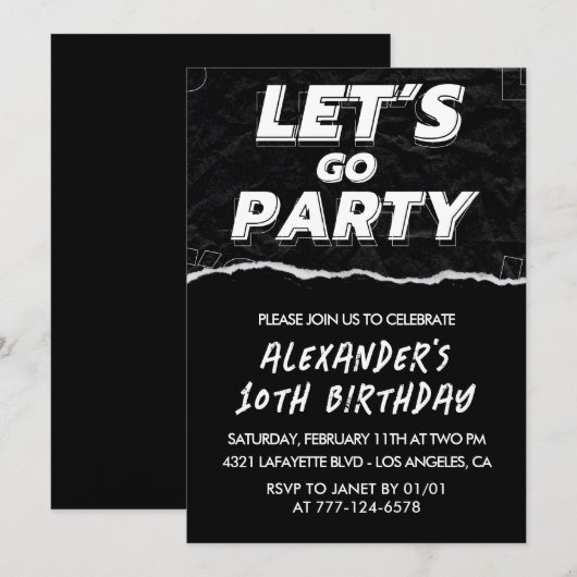Zwarte 10e verjaardag uitnodigingen jongen wit (Voorkant / Achterkant)