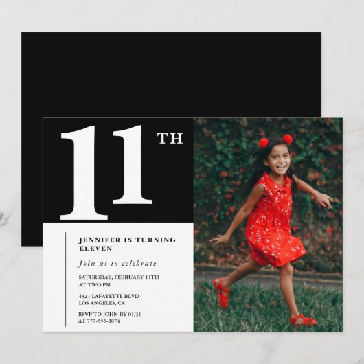 Zwarte 11e verjaardag uitnodiging Chic Girls Foto (Voorkant / Achterkant)