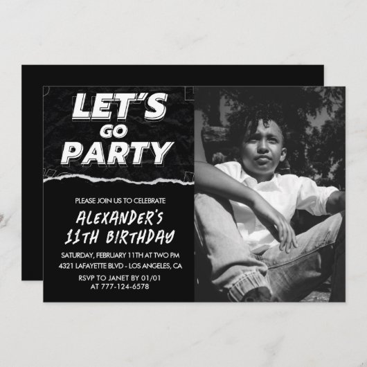 Zwarte 11e verjaardag uitnodigingen Boy Photo (Voorkant / Achterkant)