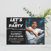 Zwarte 11e verjaardag uitnodigingen Boy Photo (Staand voorkant)