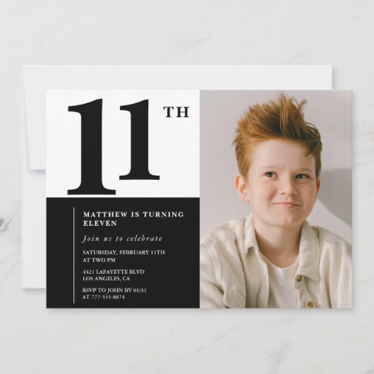 Zwarte 11e verjaardag uitnodigingen Elegant Chic (Voorkant)