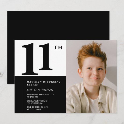 Zwarte 11e verjaardag uitnodigingen Elegant Chic (Voorkant / Achterkant)