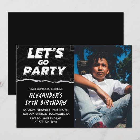 Zwarte 12e verjaardag uitnodigingen Boy Photo (Voorkant / Achterkant)