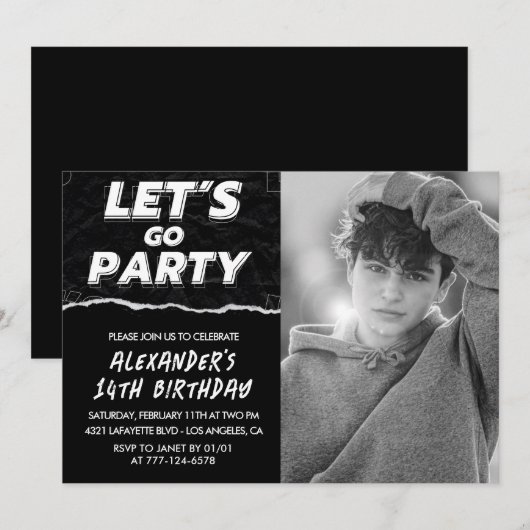 Zwarte 14e verjaardag uitnodigingen Boy Photo (Voorkant / Achterkant)