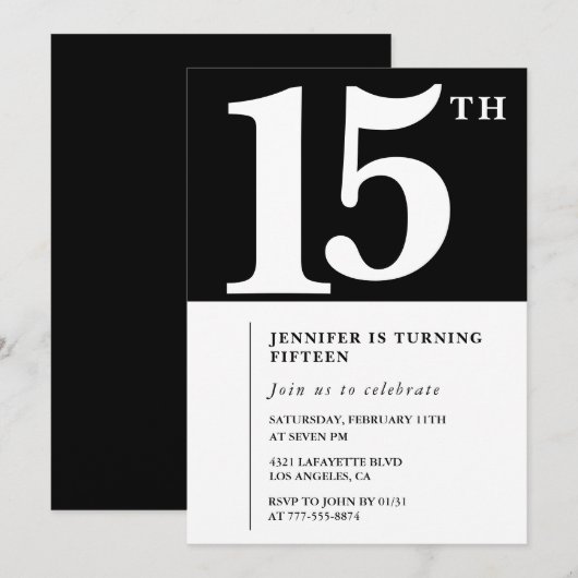 Zwarte 15e verjaardag uitnodiging Elegant Chic Sim (Voorkant / Achterkant)