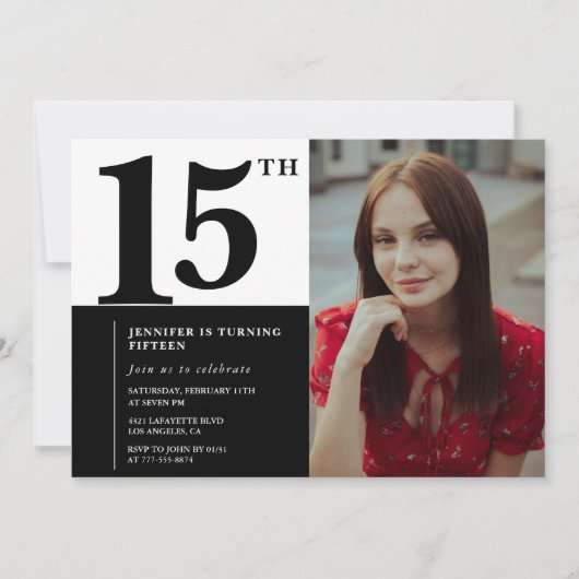 Zwarte 15e verjaardag uitnodigingen Elegant Chic (Voorkant)