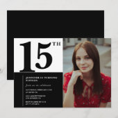 Zwarte 15e verjaardag uitnodigingen Elegant Chic (Voorkant / Achterkant)