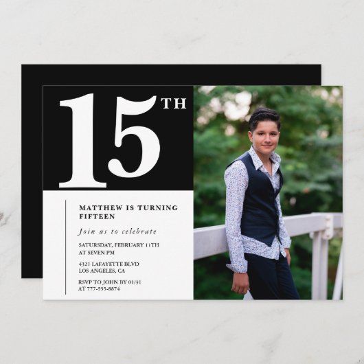 Zwarte 15e verjaardag uitnodigingen Modern Chic Fo (Voorkant / Achterkant)
