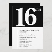 Zwarte 16e verjaardag uitnodiging Elegant Chic Sim (Voorkant / Achterkant)