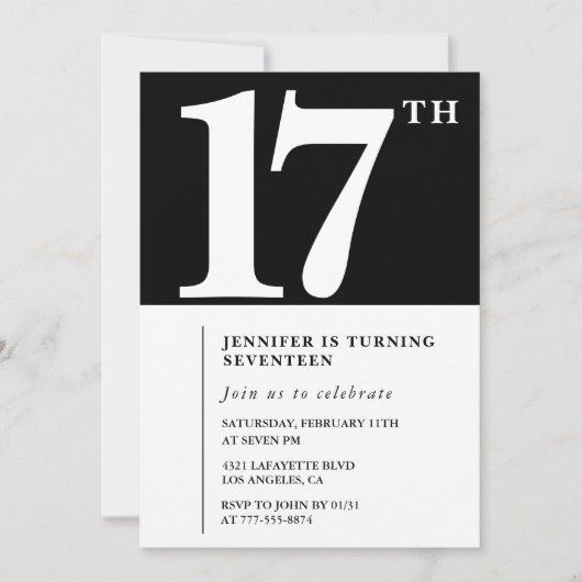 Zwarte 17e verjaardag uitnodiging Elegant Chic Sim (Voorkant)