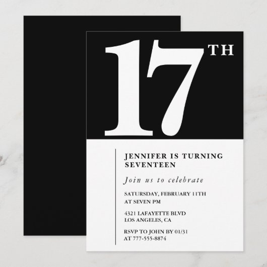 Zwarte 17e verjaardag uitnodiging Elegant Chic Sim (Voorkant / Achterkant)