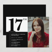 Zwarte 17e verjaardag uitnodigingen Elegant Chic (Voorkant / Achterkant)