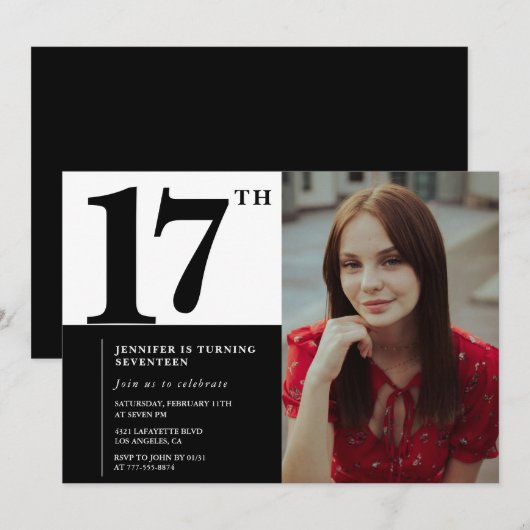 Zwarte 17e verjaardag uitnodigingen Elegant Chic (Voorkant / Achterkant)