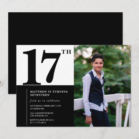 Zwarte 17e verjaardag uitnodigingen Elegant Chic (Voorkant / Achterkant)
