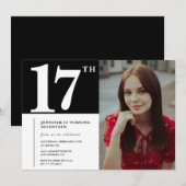 Zwarte 17e verjaardag uitnodigingen Modern Chic Fo (Voorkant / Achterkant)