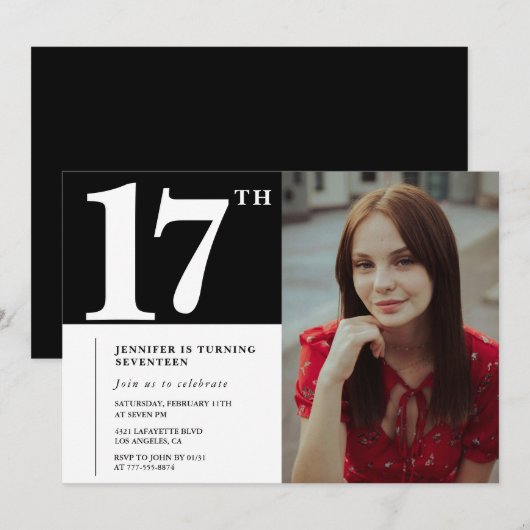 Zwarte 17e verjaardag uitnodigingen Modern Chic Fo (Voorkant / Achterkant)