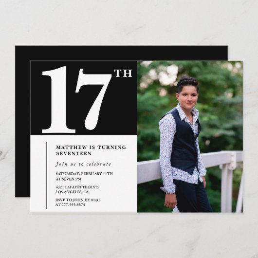 Zwarte 17e verjaardag uitnodigingen Modern Chic Fo (Voorkant / Achterkant)