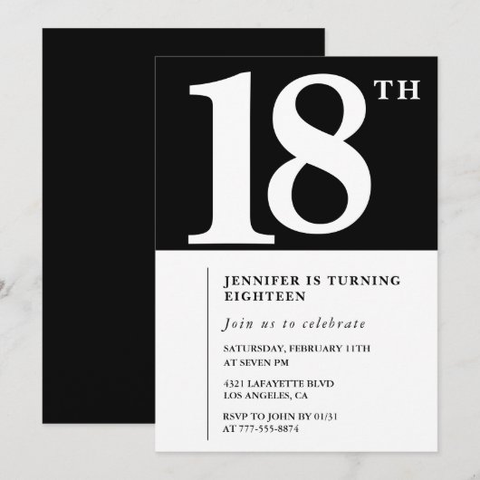 Zwarte 18e verjaardag uitnodiging Elegant Chic Sim (Voorkant / Achterkant)