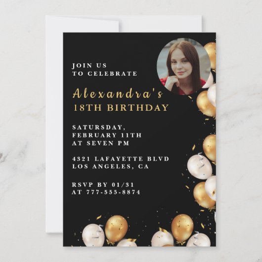 Zwarte 18e verjaardag uitnodiging Gold Balloon Fot (Voorkant)