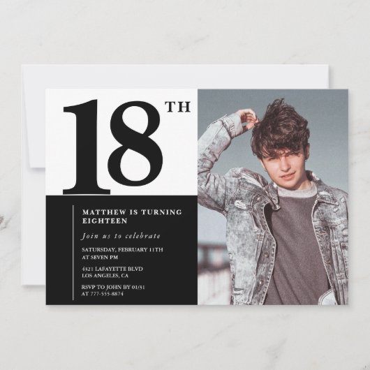 Zwarte 18e verjaardag uitnodigingen Elegant Chic (Voorkant)