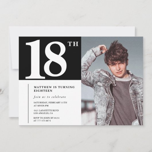 Zwarte 18e verjaardag uitnodigingen Modern Chic Fo (Voorkant)