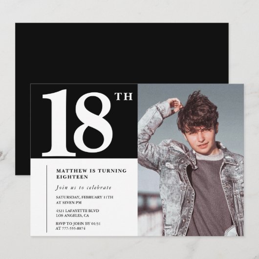 Zwarte 18e verjaardag uitnodigingen Modern Chic Fo (Voorkant / Achterkant)