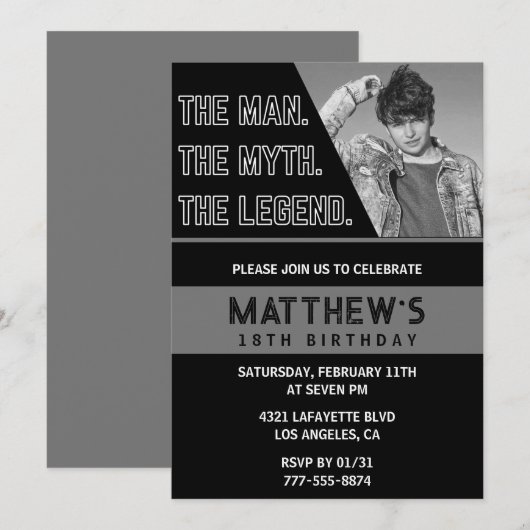 Zwarte 18e verjaardagsuitnodiging Het Man De Legen Kaart (Voorkant / Achterkant)