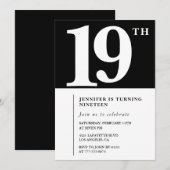 Zwarte 19e verjaardag uitnodiging Elegant Chic Gir (Voorkant / Achterkant)