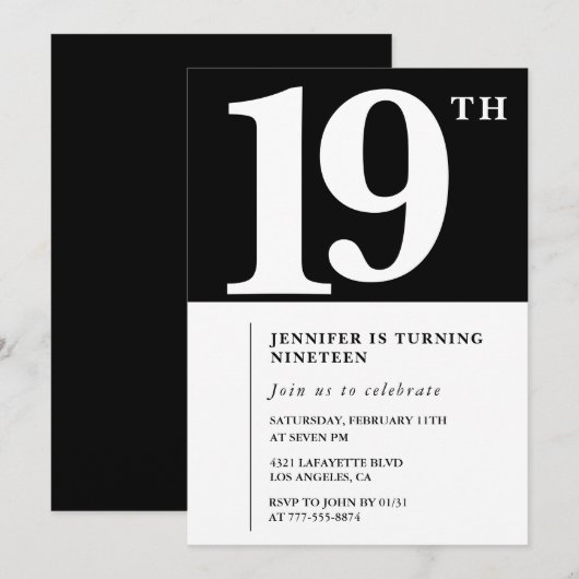Zwarte 19e verjaardag uitnodiging Elegant Chic Gir (Voorkant / Achterkant)