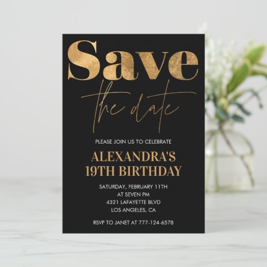 Zwarte 19e verjaardag uitnodigingen Bewaar de datu (Staand voorkant)