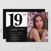 Zwarte 19e verjaardag uitnodigingen Elegant Chic (Voorkant / Achterkant)