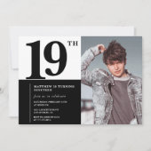 Zwarte 19e verjaardag uitnodigingen Elegant Chic (Voorkant)