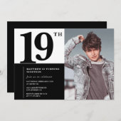 Zwarte 19e verjaardag uitnodigingen Elegant Chic (Voorkant / Achterkant)