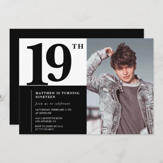 Zwarte 19e verjaardag uitnodigingen Elegant Chic (Voorkant / Achterkant)