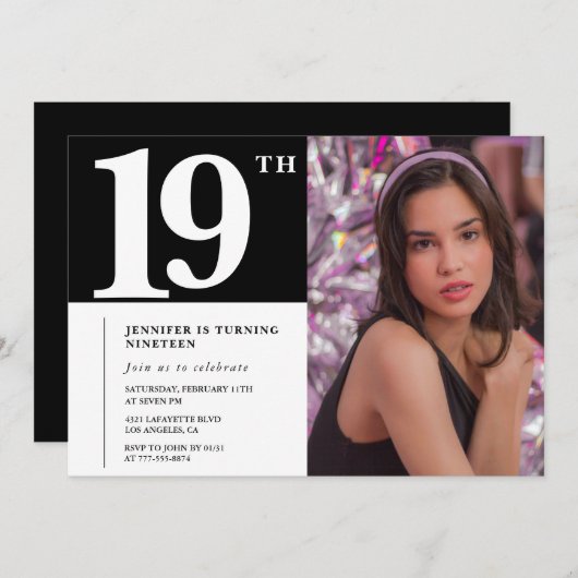 Zwarte 19e verjaardag uitnodigingen Meisje Chic Fo (Voorkant / Achterkant)