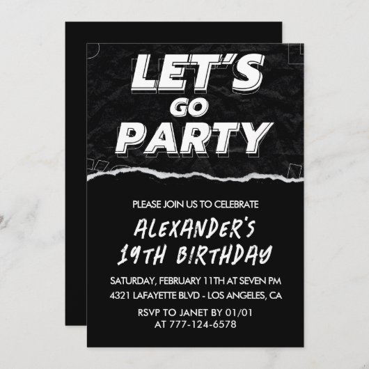 Zwarte 19e verjaardagsuitnodigingen Mannen Wit Kaart (Voorkant / Achterkant)