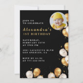 Zwarte 1e verjaardag uitnodiging Gold Balloon Foto (Voorkant)