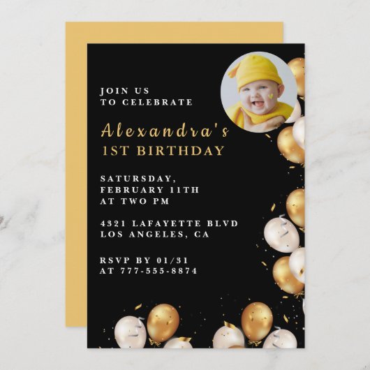 Zwarte 1e verjaardag uitnodiging Gold Balloon Foto (Voorkant / Achterkant)