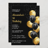 Zwarte 1e verjaardag uitnodigingen Gold Glitter Gl (Voorkant / Achterkant)