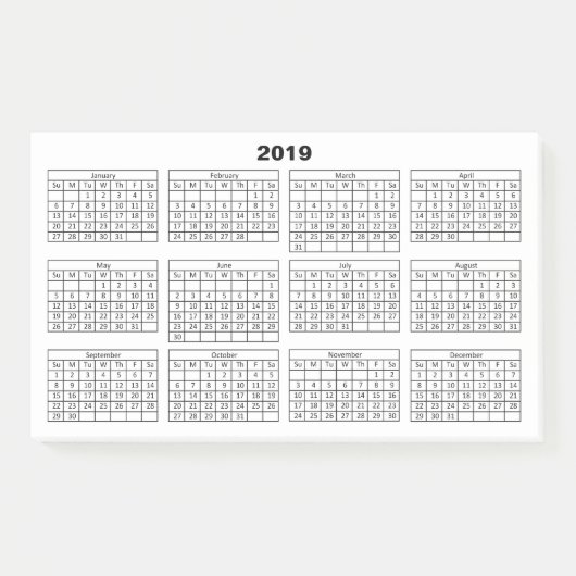Zwarte 2019 Kalender op Wit Post-it® Notes (Voorkant)