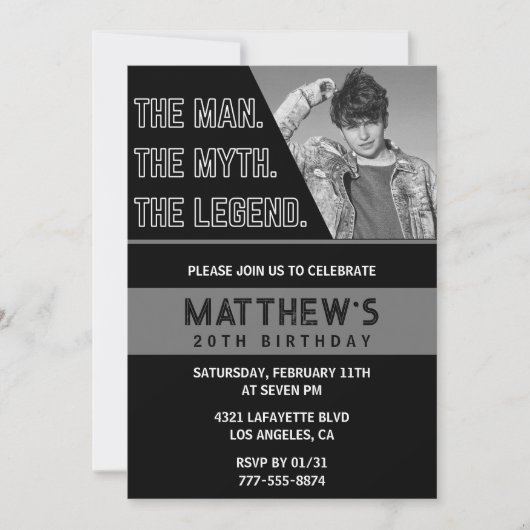 Zwarte 20e verjaardagsuitnodiging Het Man De Legen Kaart (Voorkant)