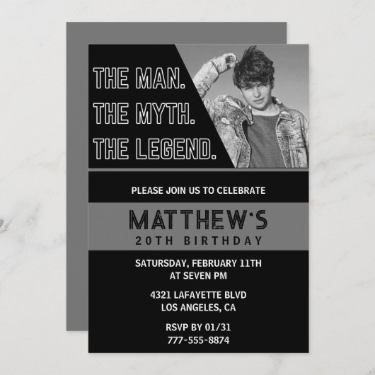 Zwarte 20e verjaardagsuitnodiging Het Man De Legen Kaart (Voorkant / Achterkant)